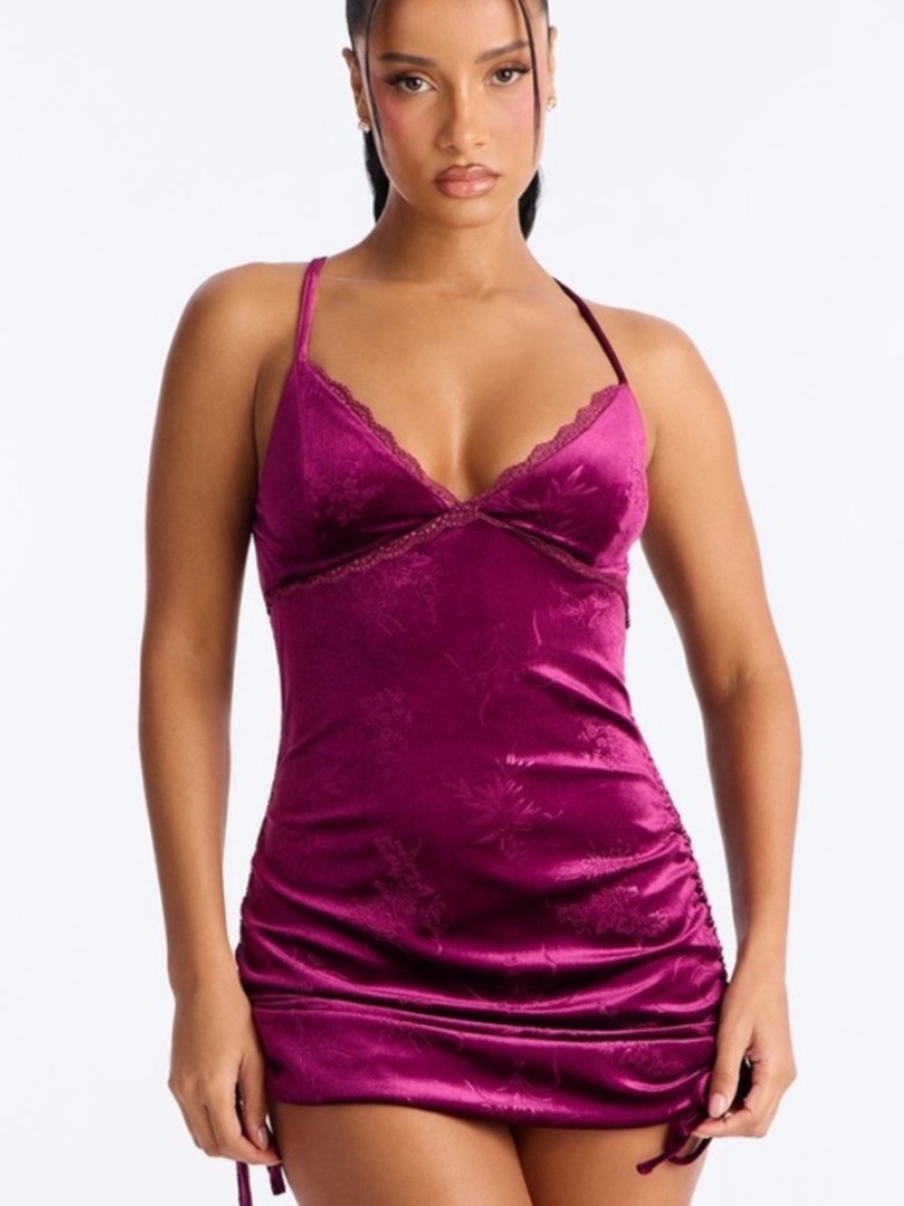 2/75$🔥Satin Lace-Trim Chemise Slip Dress in Berry